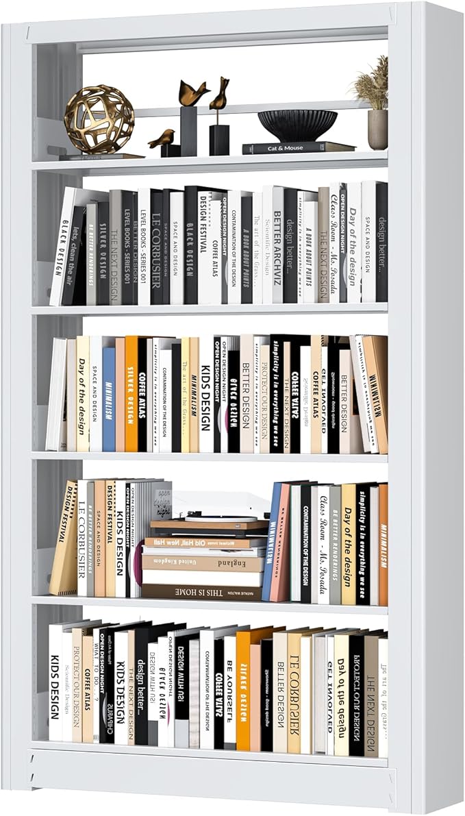 69" Bookshelf,5-Tier Bookshelf, Large Bookcases and Bookshelves,Taller and Wider Metal Storage Organizer, Sturdy Bookshelf for Living Room,Home Library (White)