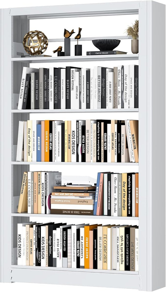 69" Bookshelf,5-Tier Bookshelf, Large Bookcases and Bookshelves,Taller and Wider Metal Storage Organizer, Sturdy Bookshelf for Living Room,Home Library (White)