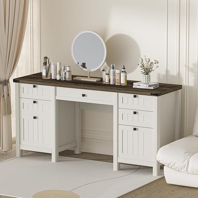 Executive Desk, Farmhouse Computer Desk with Drawers & Cabinet, Home Office Desk for Work Study Writing Workspace (Antique White, 45")