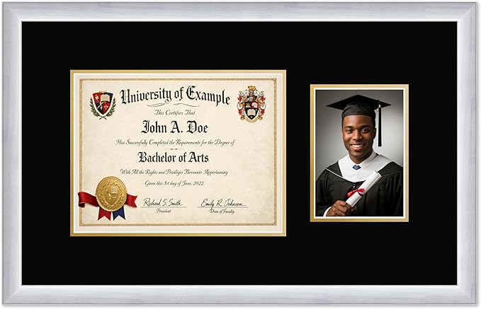 CountryArtHouse Fits 11 x 8.5 US Letter Certificate and 5 x 7 Photo Diploma and Photo Frame Stainless Silver Genuine Hardwood with Black Over Metallic Gold Double mat