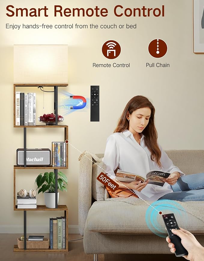 5-Tier Floor Lamp with Shelves & Remote, Dimmable S-Shaped Bookshelf with 3 Color Temperature, 1-Hour Timer, Tall Corner Standing Lamp for Living Room, Bedroom, Office (Rustic Brown)