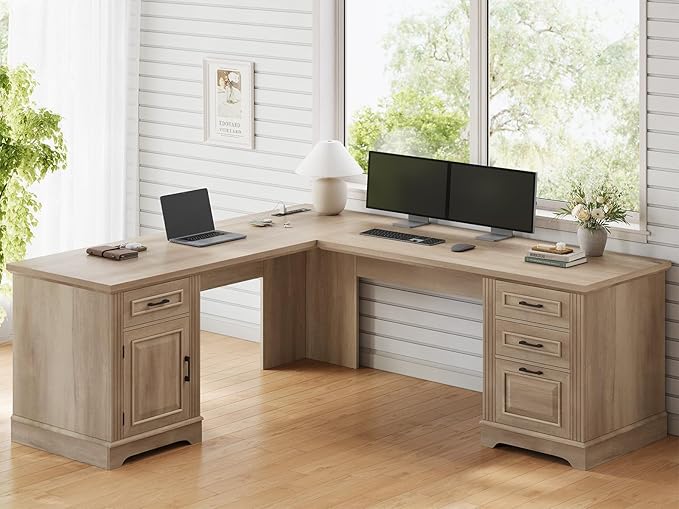 Itaar Farmhouse L Shaped Desk, Executive Computer Desk with Drawers and Storage Cabinet, Home Office Desk with File Drawer and Power Outlet, Corner Desk, Workstation for Office Home, Oak