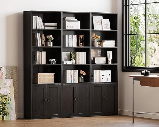 Casaottima Bookshelf and Bookcase with Doors, Floor Standing 6-Tier Shelf Display Storage Shelves, Tall Bookcases for Home Office, Living Room, Black
