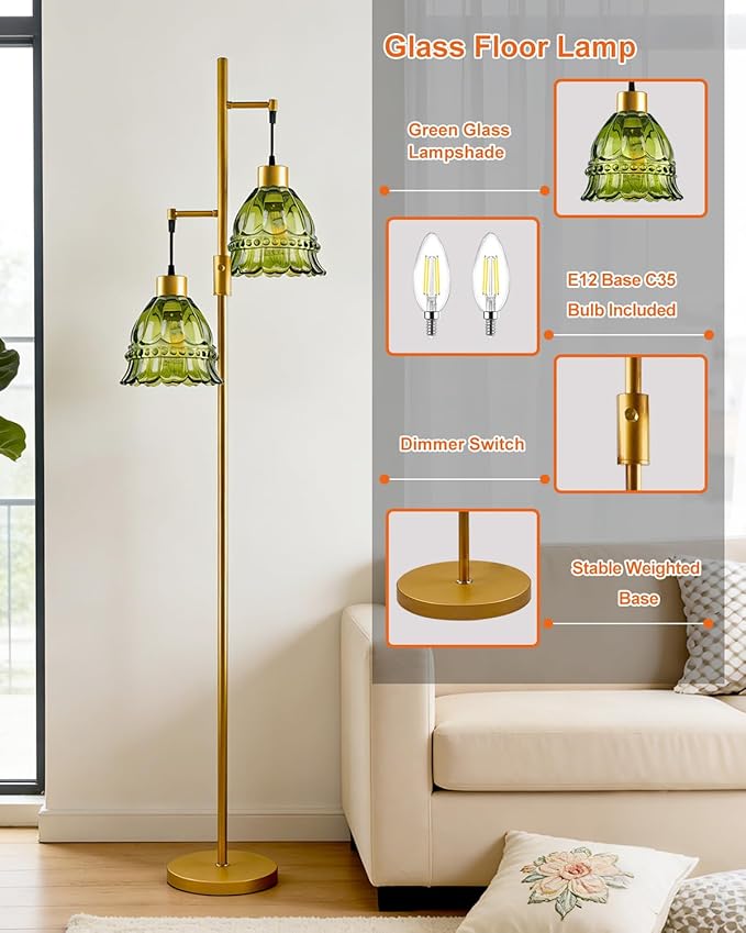Gold Dimmable Floor Lamp for Living Room, 2-Light 65IN Tall Standing Lamps with Green Glass Lampshade, 3000K Warmwhite Mid Century Modern Floor Lamp for Bedroom/Home Office/Corner