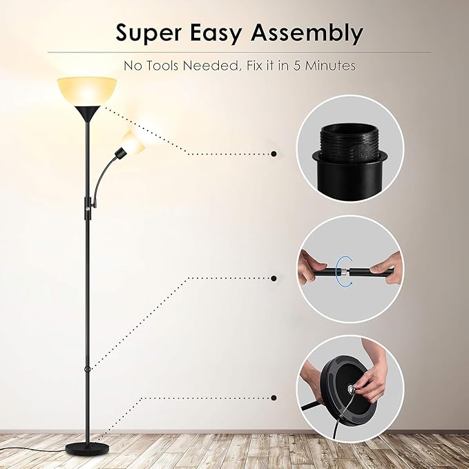 Floor Lamp, Torchiere Floor Lamps for Living Room, 71 Inch Tall Standing Lamp, Bedroom Lamps with Reading Light, Rotary Switch, 2 Plastic Lampshade, Torch Floor lamps for Bedroom (Black, No Bulb)