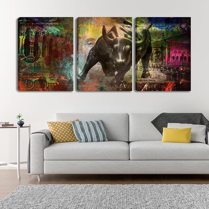 3 Pieces Bull Motivational Wall Art Canvas Poster Print Office Wall Decor Inspirational Entrepreneur Quotes Wall Art Poster Prints Picture Framed Decoration - 36" Wx 16" H