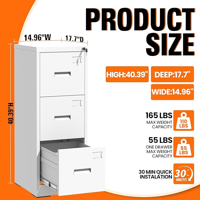 3 Drawer File Cabinet with Lock, Metal Filing Cabinet for Home Office, Vertical File Cabinet for Letter/Legal/A4/F4 Documents, Easy to Assemble Steel Storage Cabinet