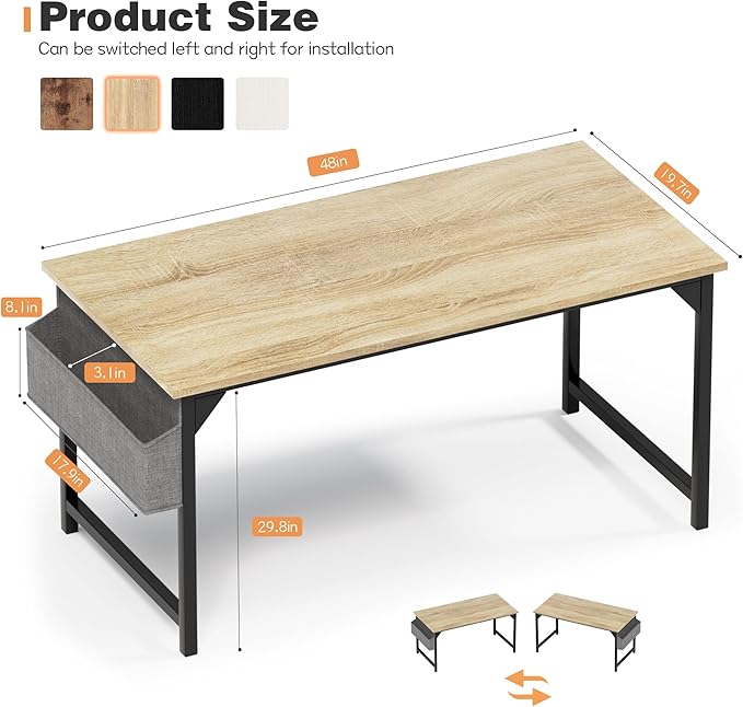 Shahoo Office Computer Desk, 48 Inch Student Home Table for Writing Work with Headphone Hook and Storage Bag, Oak