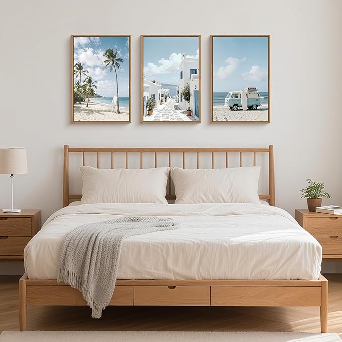 Large Summer Coastal Framed Canvas Wall Art Set,Modern Beach Surfboard Wall Decor,Seaside Palm Tree Art Prints,Vintage Blue Van Artwork for Living Room,Bedroom,Office -24"x36"x3