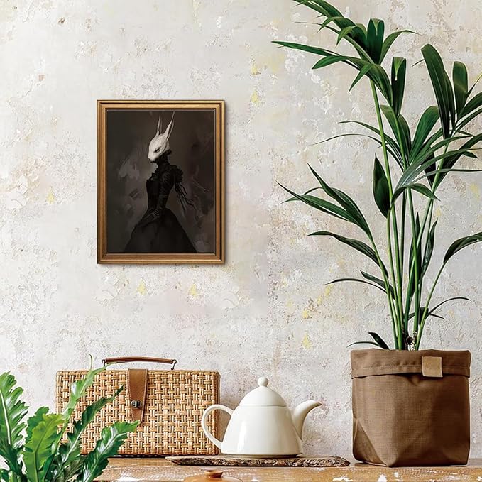 Gold Framed Wall Art Vintage Canvas Wall Art Rabbit Lady Aesthetic Dark Academia Easter Bunny Artwork Prints Picture for Living Room Bedroom Farmhouse Bathroom Office Decor, 12x16