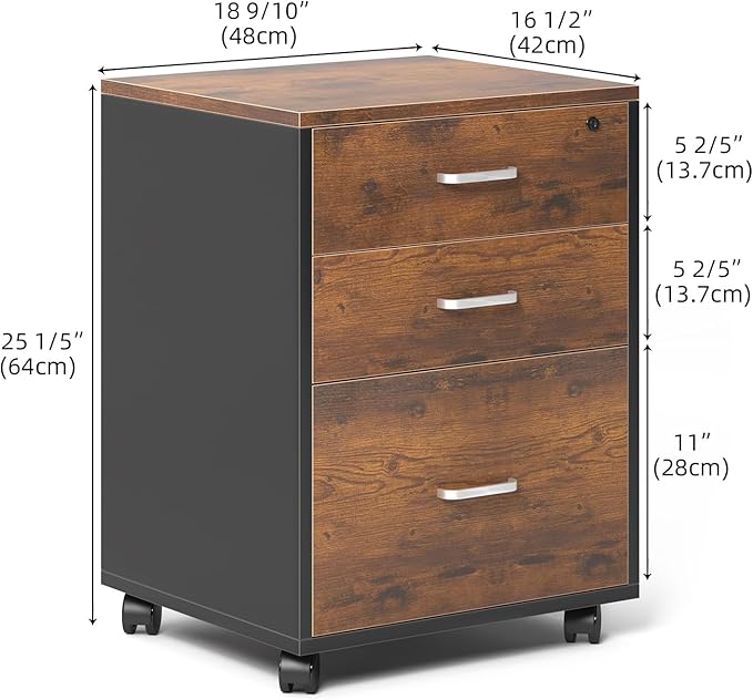 Need 3 Drawer Wood Mobile File Cabinet with Lock,Rolling Filing Cabinet for Letter/A4 Size for Home Office,Rustic Brown ND-10CZLXFC04FG