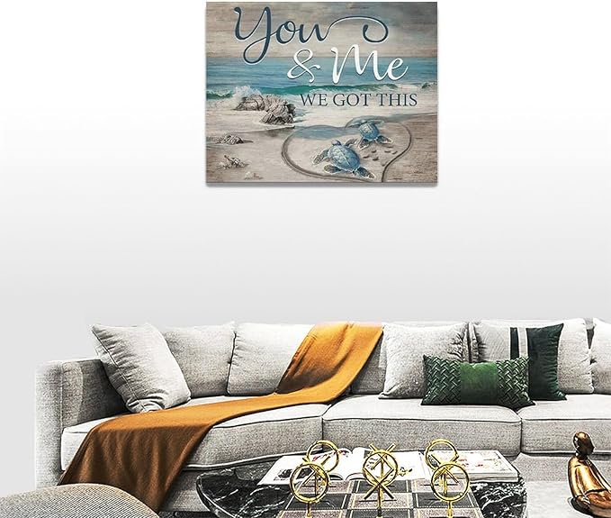Beach Sea Turtle Bathroom Wall Art Coastal Turtle Love Pictures Wall Decor Ocean Nautical Canvas Seascape Painting Modern Artwork Home Decoration for Living Room Bedroom Office Framed 16"x12"