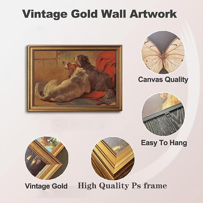 Gold Framed Wall Art Vintage Canvas Wall Art Hound and Bearded Collie Seated on a Hunting Coat Artwork Prints Picture for Living Room Bedroom Farmhouse Bathroom Office Decor, 12x16