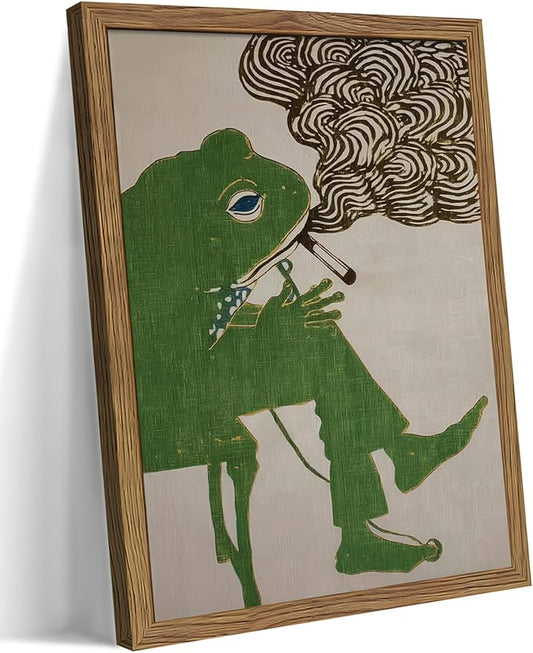 Vintage Frog Wall Art, Funky Eclectic Canvas Wall Decor, Retro Whimsical Japanese Picture Painting, Moody Animal Artwork Print Poster for Living Room Bedroom Office 16x24 Inch Framed