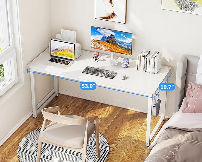 Casaottima 54 Inch Computer Desk for Home Office, Study Writing Table for Small Spaces, Simple Modern Desk with Headphone Hooks, White