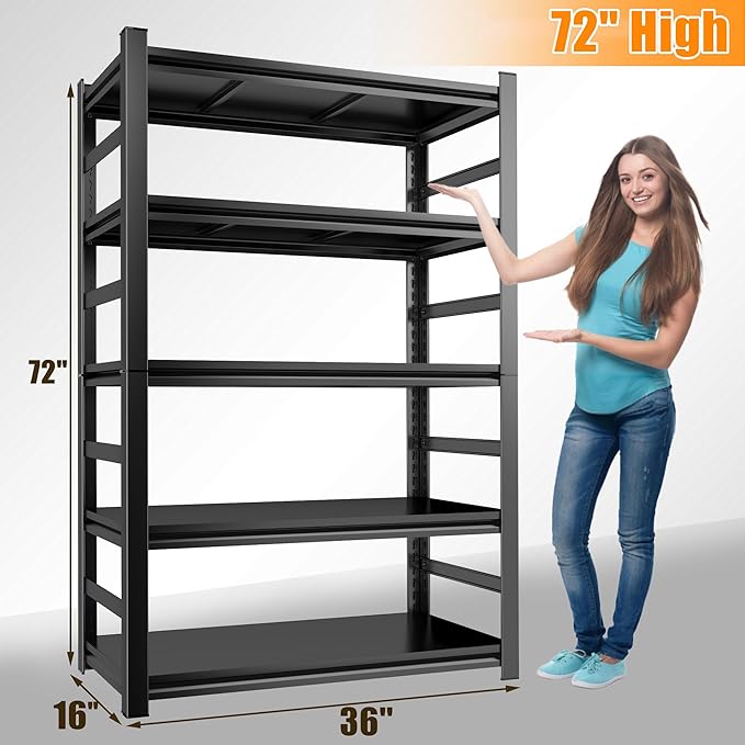 Book Shelf, Screwless Installation Metal Bookshelves, Heavy Duty Steel Bookcases, Adjustable Tall Industrial Bookshelf for Living Room, Bedroom and Library, Black (5-Tier With Fence 72''Hx36''Wx16''D)