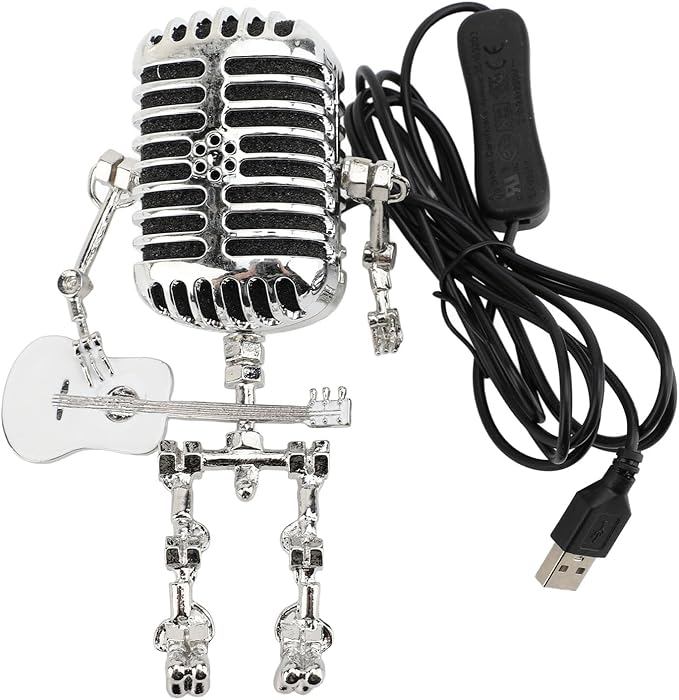 ZJchao Vintage Microphone Guitar Robot Table Lamp Aluminum Retro Metal Robot Night Light for Bedroom Desk Home Decor (White)
