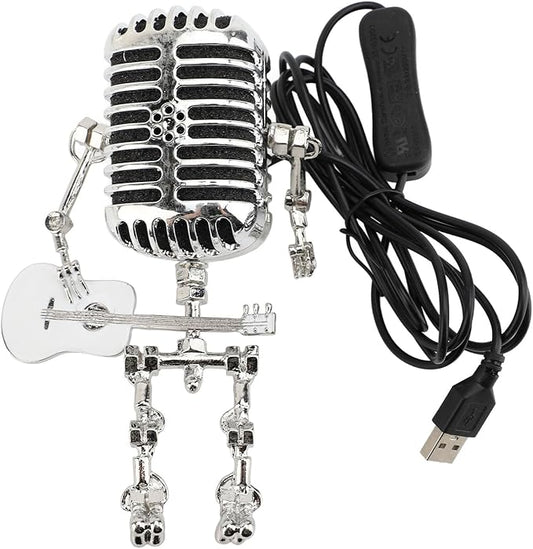 ZJchao Vintage Microphone Guitar Robot Table Lamp Aluminum Retro Metal Robot Night Light for Bedroom Desk Home Decor (White)