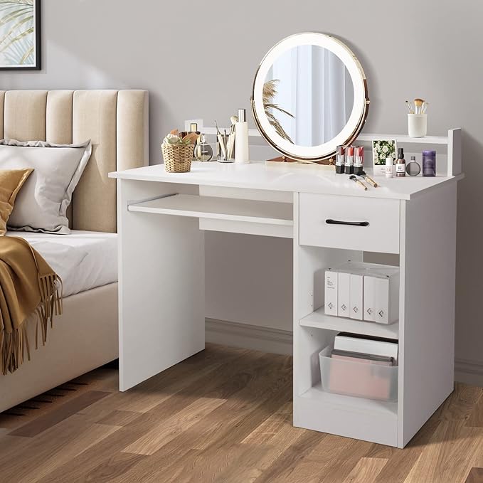IFANNY Wooden Computer Desk, White Home Office Desk w/Drawers, Keyboard Tray, Open Shelves & Monitor Stand, Modern Writing Desk, Compact Computer Desk for Small Spaces (White)