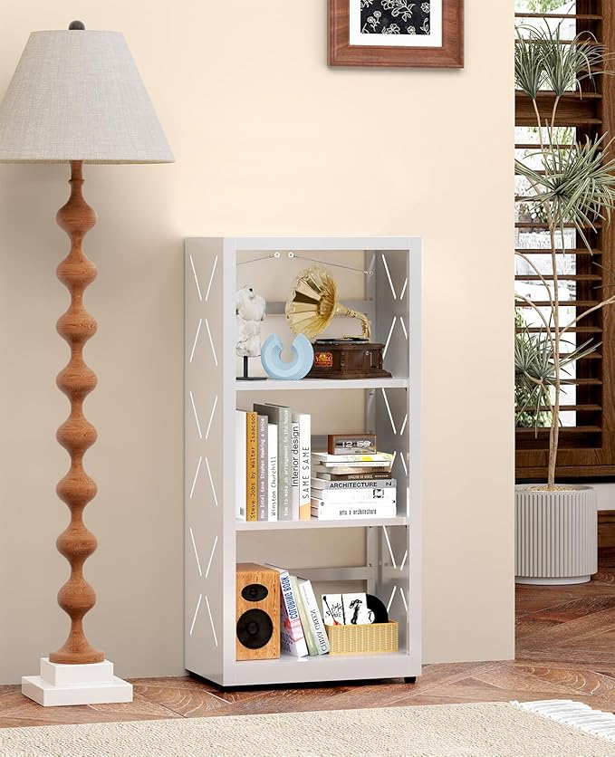3 Tier Narrow Bookshelf, All Steel Bookcase Adjustable with Anti-Tip Kit & Leveling Feet, Modern White Storage Display Shelves for Bedroom, Living Room, Kitchen, Office