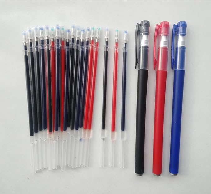 Gel Ink Rollerball Pens Refills,20 Pcs Gel Pen Refills with 3 Gel Roller Pens 0.5mm,7 Black Ink,7 Blue Ink and 6 Red Ink(3 pens 20 Refills)