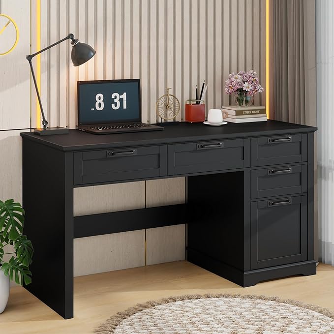 Vabches 55" Farmhouse Home Office Desk with File Drawer, Executive Computer Desk with 4 Storage Drawers, Rustic Computer Desk for Working, Studying, Writing, Black