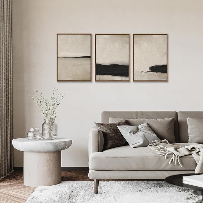 myusuar 3 Piece Large Modern Abstract Canvas Framed Wall Art For Living Room, Black And Beige Vintage Minimalist Wall Art Decor Posters Prints For Bedroom Office 12x16in