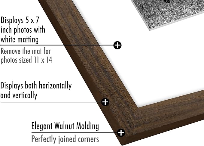 Americanflat 11x14 Picture Frame with Shatter-Resistant Glass - Use as 5x7 Frame with Mat or Display 11x14 Photo Without Mat - Signature Collection - Picture Frames for Wall Display - Walnut