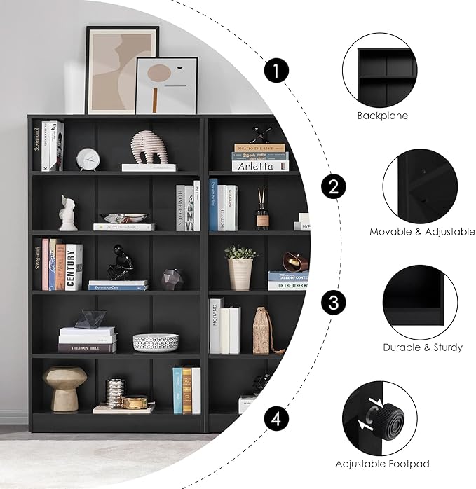 Farini Black 5 Shelf Modern Wood Bookshelf - 60 Inch Tall, Wide Manga & Bookcase for Bedroom & Living Room Library Bookcase