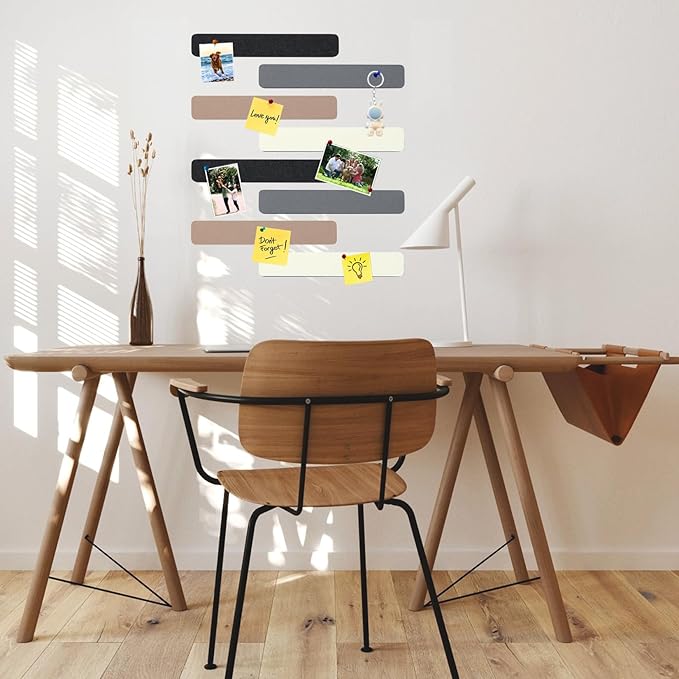 8Pcs Rectangle Felt Cork Board Bar Strips with 35 Pushpins, Self-Adhesive Bulletin Board Strips for Office School Home Wall Decor Stickers Memos Schedules Photos Display -Camel & Grey
