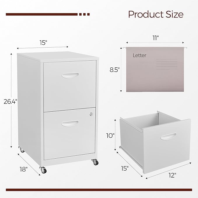 2 Drawer Mobile File Cabinet with Lock, White Metal Filing Cabinets with Wheels, Vertical Rolling File Cabinet Fit Hanging Files, Letter and A4 Documents