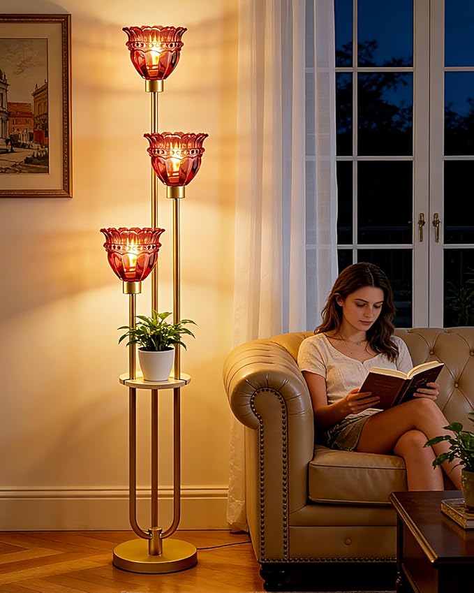 Lightdot 3-Lights Glass Floor Lamp for Living Room Modern Dimmable Gold Floor Lamp with Rose Red Glass Shade & 3000K Bulbs Included Tall Standing Lamp for Bedroom/Sofa Beside/Corner Decor