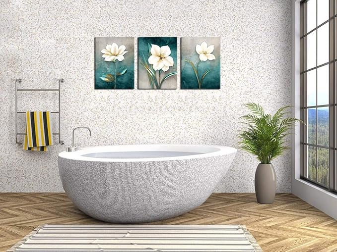 Flower Canvas Wall Art Cream White Floral Wall Decor Turquoise Tealish Grey Background Canvas Picture Modern Rustic Artwork Bathroom Bedroom Living Room Home Office Decoration 12" x 16" x 3 Pieces