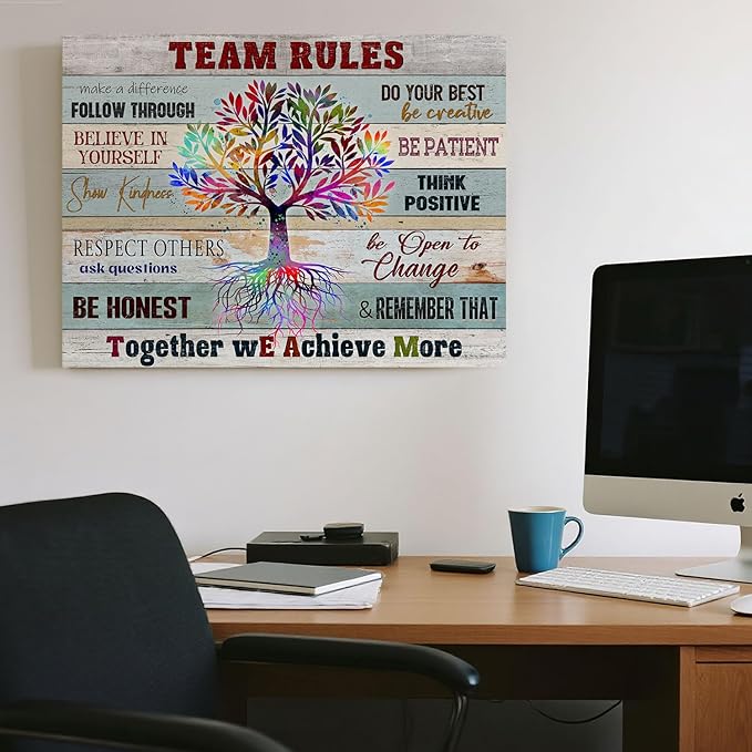 Inspirational Team Rules Wall Art for Office Decor Motivation Positive Quotes Canvas Prints Rustic Farmhouse Teamwork Artwork Framed Painting for Home Workplace 16x12inch Colleagues Coworker Gifts