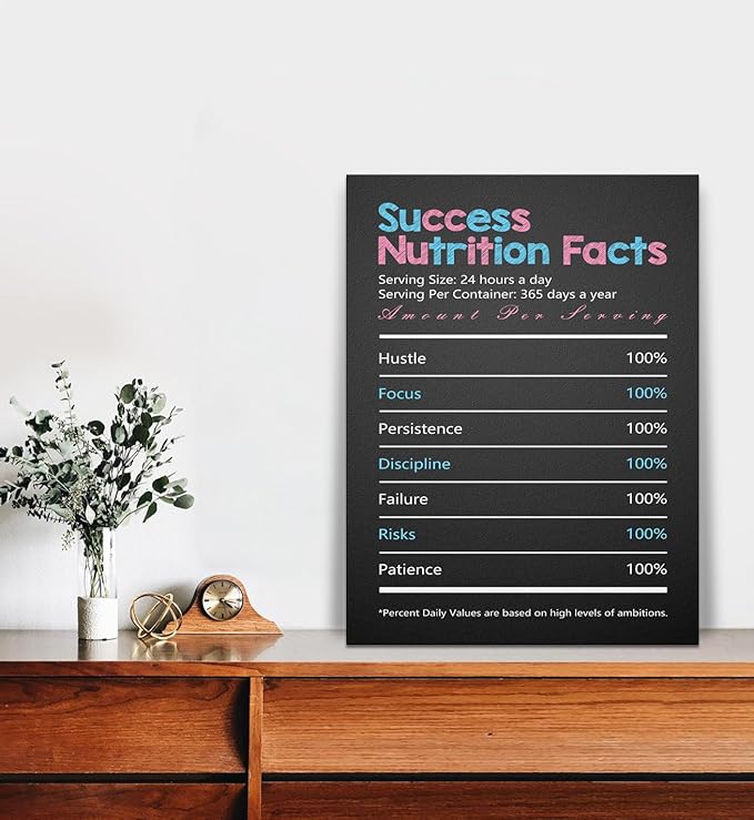 Office Wall Art, Success Nutrition Facts Quotes Poster Inspirational Wall Decor Motivational Canvas Print Modern Entrepreneur Artwork for Bedroom Living Room Home Decoration Framed & Stretched 12"x16"