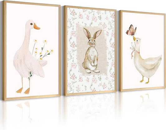 Vintage Nursery Wall Art Goose Canvas Poster Coquette Wall Decor Baby Girl Painting Kids Poster Bunny Rabbit Prints Cute Animal Pictures Duck Artwork for Bedroom Living Room 16x24x3 Inch Unframed