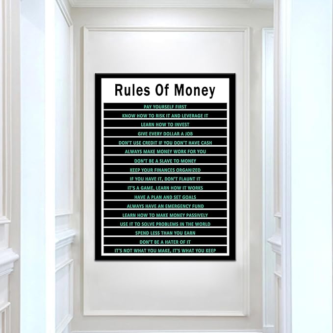 PSYYSP Motivational Canvas Wall Art for Office Rules Of Money Entrepreneur Quotes Poster Inspirational Positive Picture Poster Artwork for Home Living Room Gym Wall Decor Ready to Hang [30''Wx 40''H]