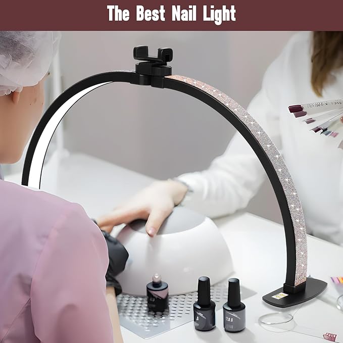 Half Moon Light for Nail Desk with Phone Holder, 29IN Folding Half-Moon Light with Shinning Diamond, LED Lamp for Nail Art, Eyelash Extension, Tattooing, Skin Management, Color Temperature 3000-6500K