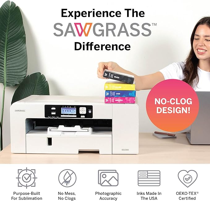 Sawgrass SG1000 Sublimation Printer Bundle | Professional Dye-Sublimation Printer with 31mL SubliJet UHD Inks & TruePix Paper | Prints Up to 11”x17” | Wi-Fi | Auto-Maintenance | Business-Ready