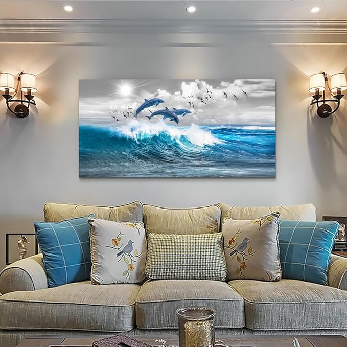 Wapluam Wall Decor For Living Room Large Canvas Wall Art For Bedroom Blue Wave Of The Sea Pictures Artwork Modern Office Canvas Print Dolphins Wall Paintings Ready To Hang Stretched and Framed