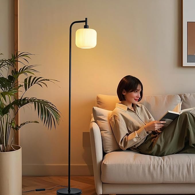 MAYNA Modern Industrial Floor Lamp, Frosted White Glass Standing Lamp with Built-in Timer Switch, Black Tall Minimalist Lamps for Living Room Bedroom, 2700K LED Bulb Included