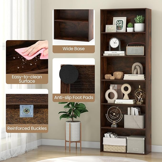 Giantex 6-Tier Bookcase, 70" Tall Wooden Bookshelf, Freestanding Storage Organizer w/Open Shelves, Anti-Tipping Kits, Modern Floor Standing Display Shelves for Living Room, Bedroom (1,Rustic Brown)