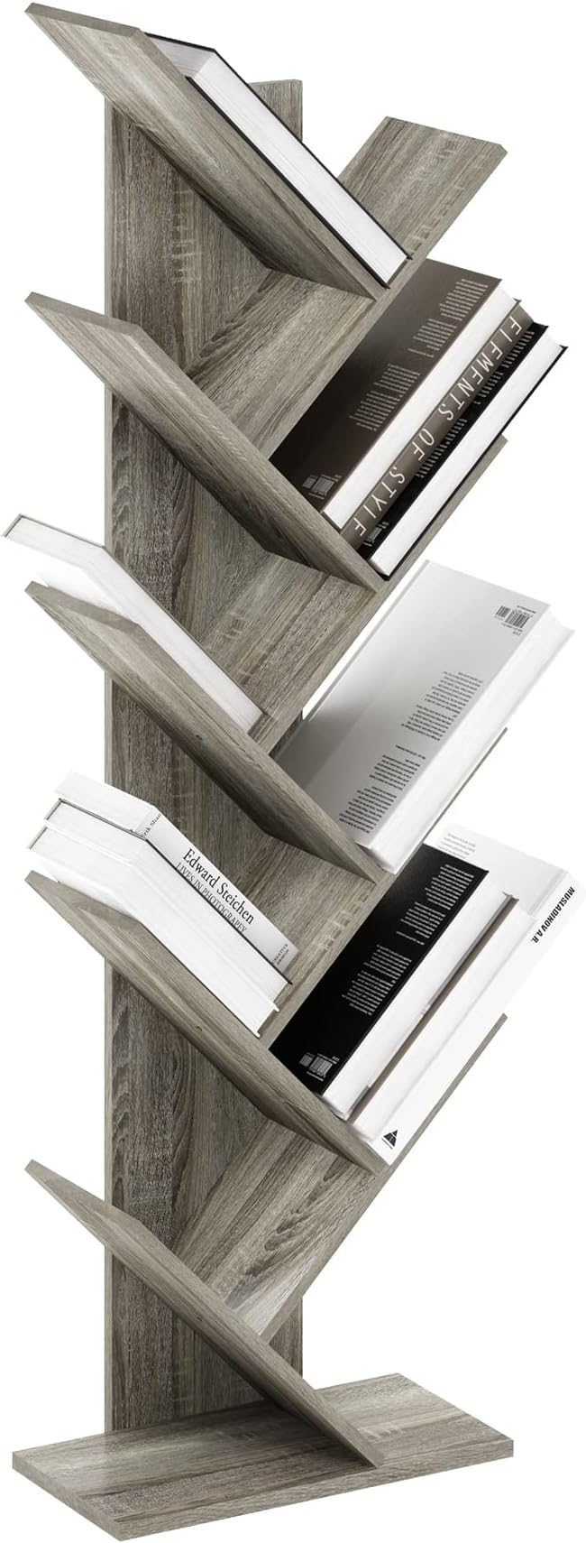 Furinno TREE Book Shelf, 9-Tier Bookshelf, Tree Bookcase with Angled Open Shelf, 8.4 x 15.7 x 50.9, for Room Decor, for Living Room, Bedroom, Home Office, French Oak