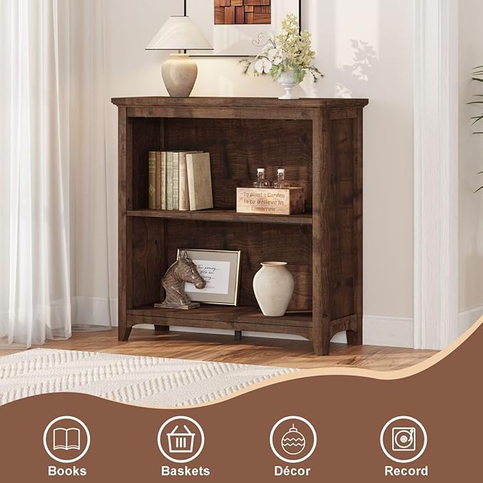 BON AUGURE Bookcase, Open Storage Book Cases/Shelves, Floor Standing 2 Shelf Bookshelf for Farmhouse Living Room, Library Office, Bedroom, Kids (Rustic Oak, 30 in)