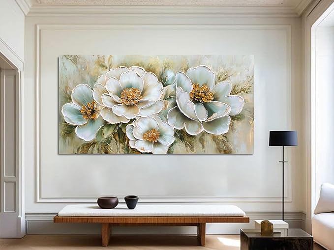 Arjun Vintage Wall Art Canvas Flower for Living Room, Rustic Floral Painting Bedroom Teal Gold Textured Picture Framed Artwork Dining Room Kitchen Home Office Wall Decor, Extra Large 58"x29"