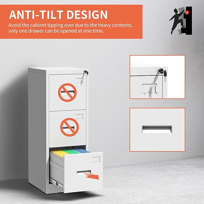 3 Drawer File Cabinet with Lock,White Metal Filing Cabinets for Home Office,Steel Vertical File Cabinet,Heavy Duty Metal Storage Cabinet for A4/Letter/Legal Size Files,Assembly Required