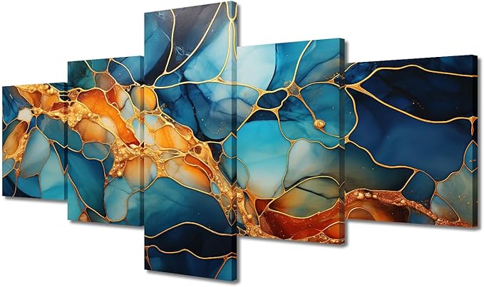 Canvas Wall Art Decor Abstract Canvas Wall Art Modern 5 Panel Colorful Glass Window Poster Golden Lines Painting Art Prints for Living Room Decoration Stretched and Framed Ready to Hang 50x24 in