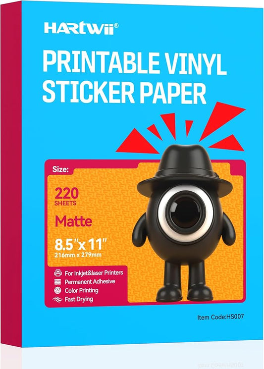 220 Sheets Printable Vinyl Sticker Paper,Matte White Waterproof Sticker Paper 8.5x11 Inch,Dries Quickly with Vivid Colors,Tear Resistant for Inkjet & Laser Printer,Compatible with Cricut for DIY