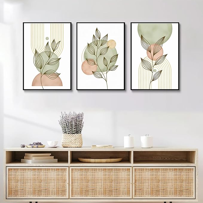 3Pcs Sage Green Boho Canvas Wall Art Modern PinkBotanical Posters Print Abstract With Leafr Pictures Wall Decoration For Living Room Bedroom Bathroom UnFramed