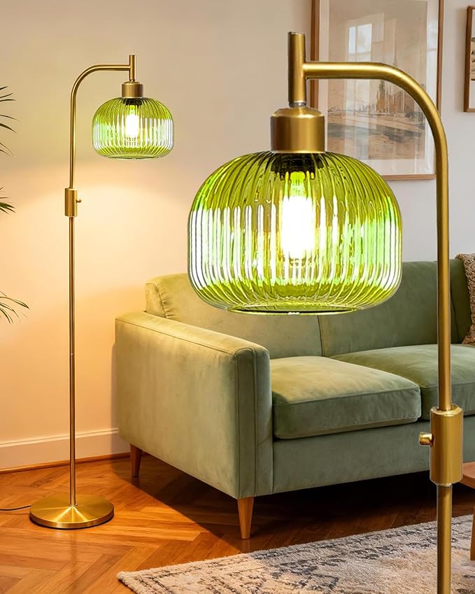 Lightdot 64IN Glass Floor Lamp for Living Room, Dimmable Modern Standing Lamps with Emerald Green Ribbed Glass Lampshade&(Bulb Included), Industrial Floor Lamp for Bedroom Office/